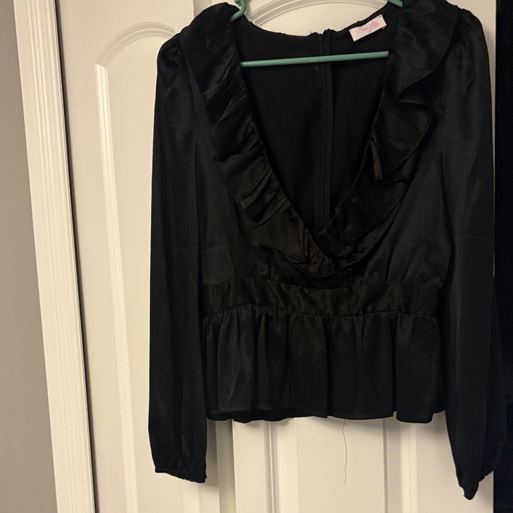 Pink Lily Black Ruffle V-Neck Satin Blouse